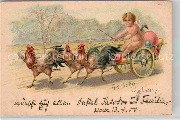 Ostern Easter Paques Engel Karre Ostereier Haehne Litho