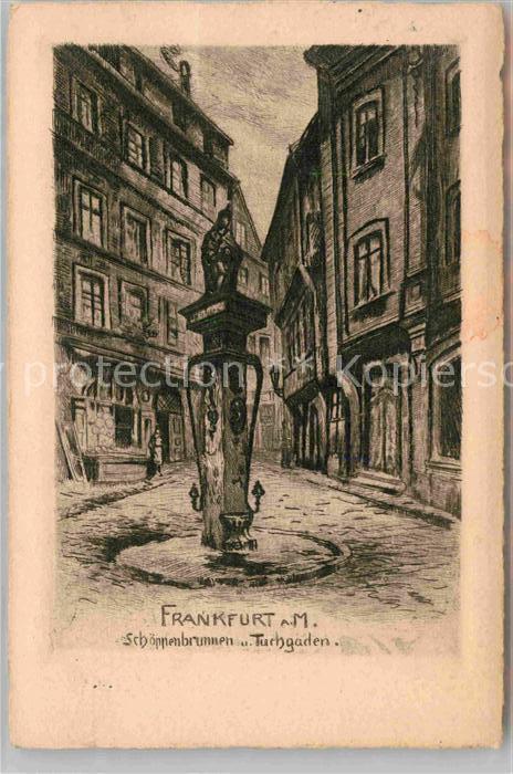 Frankfurt Main Schoeppenbrunnen Tuchgaden Radierung