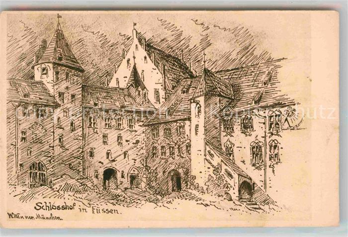 Fuessen Allgaeu Schlosshof Zeichnung Kuenstlerkarte
