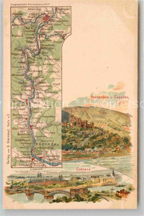Coblenz Koblenz Gebietskarte Eisenbahnbruecke Burg Stolzenfels und Capellen