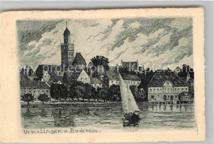ueberlingen Bodensee Kuenstlerkarte Segelboot Muenster