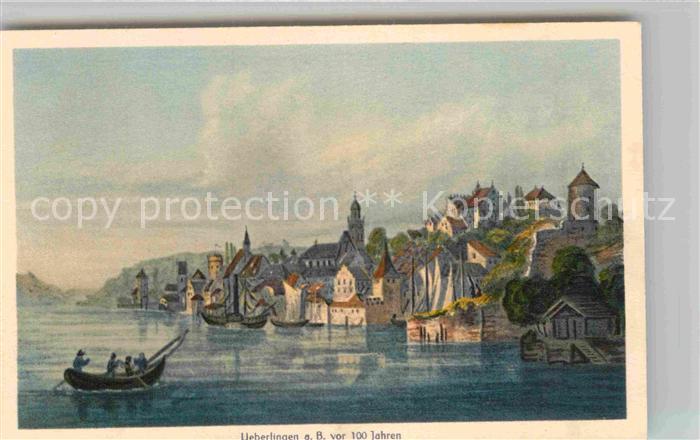 ueberlingen Bodensee Panorama Kuenstlerkarte Boot