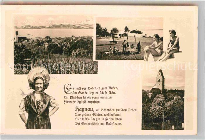 Hagnau Bodensee Trachtentraegerin Kirche Teilansicht Strandbad