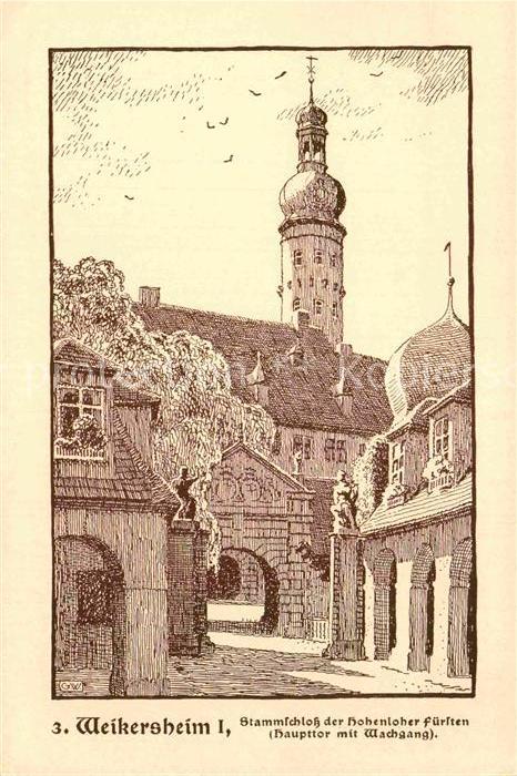 Weikersheim Stammschloss Hohenloher Fuersten Haupttor Wachgang Zeichnung