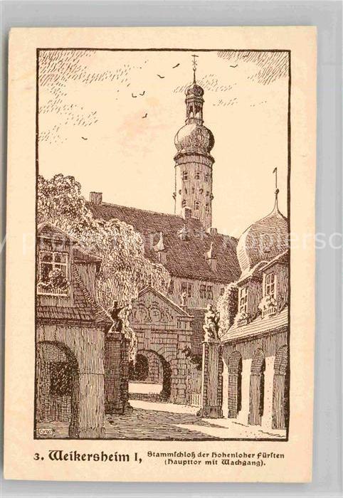 Weikersheim Stammschloss Hohenloher Fuersten Haupttor Wachgang Federzeichnung We