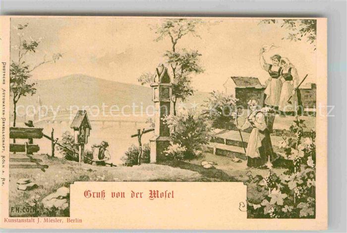 Traben-Trarbach Weinlese Frauen Tracht Wegkreuz Kuenstlerkarte Coin