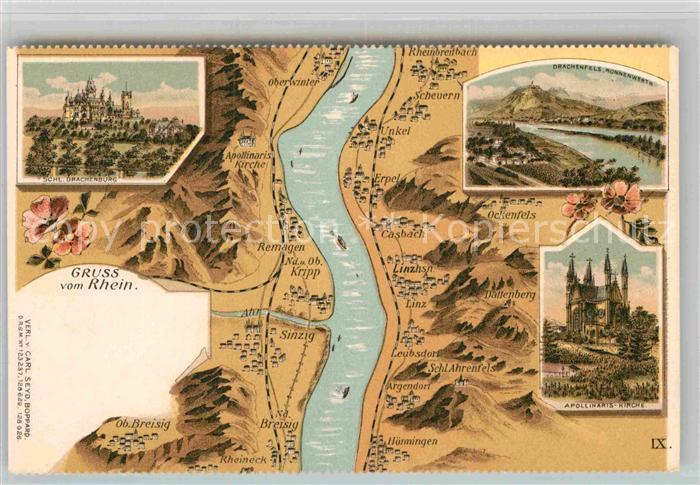 Koenigswinter Ruine Drachenburg Panoramakarte Apollinaris Kirche