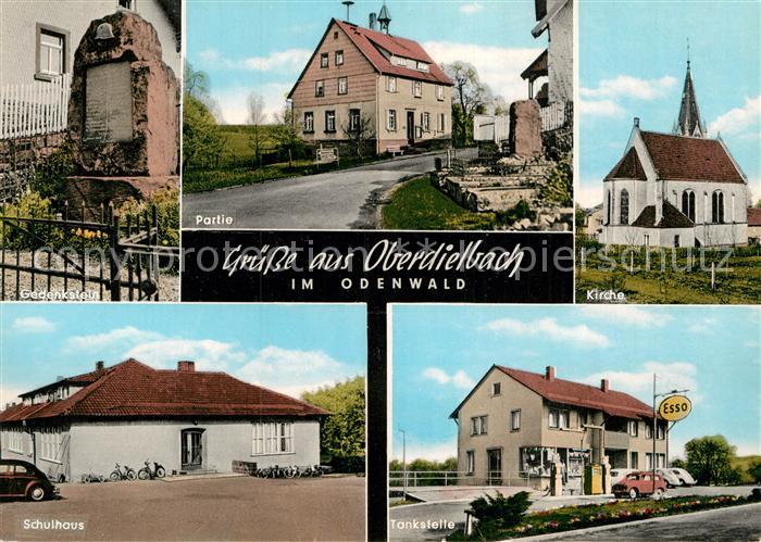 Oberdielbach Gedenkstein Schulhaus Tankstelle Kirche Partie