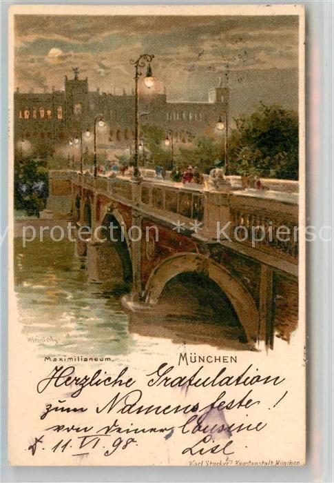 Muenchen Bayern Maximilaneum Mondschein Kuenstlerkarte