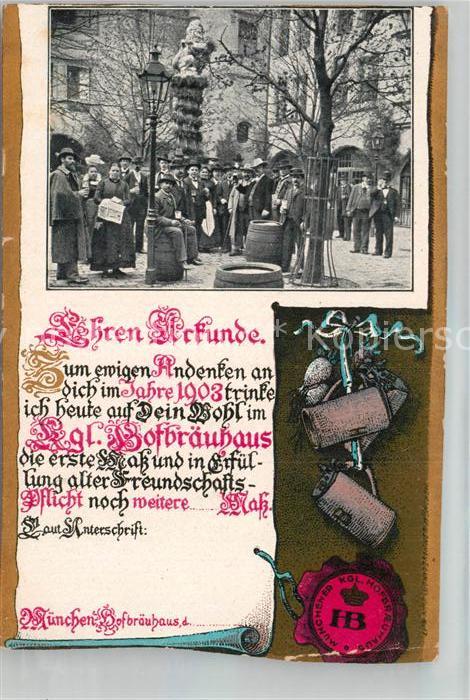 Muenchen Bayern Hofbraeuhaus Ehrenurkunde