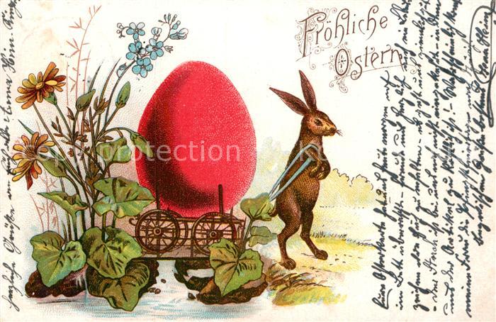 Vermenschlicht Hase Holzwagen Osterei Ostern Litho