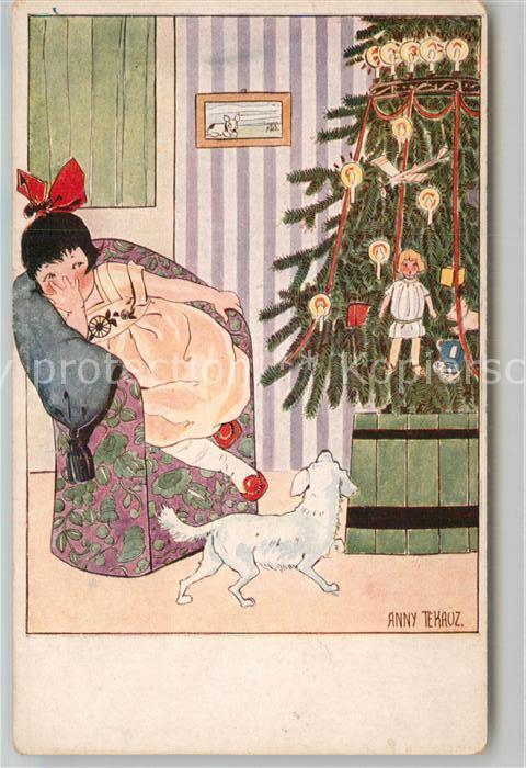 Kuenstlerkarte Anny Tekauz Kind Hund Weihnachtsbaum Pu