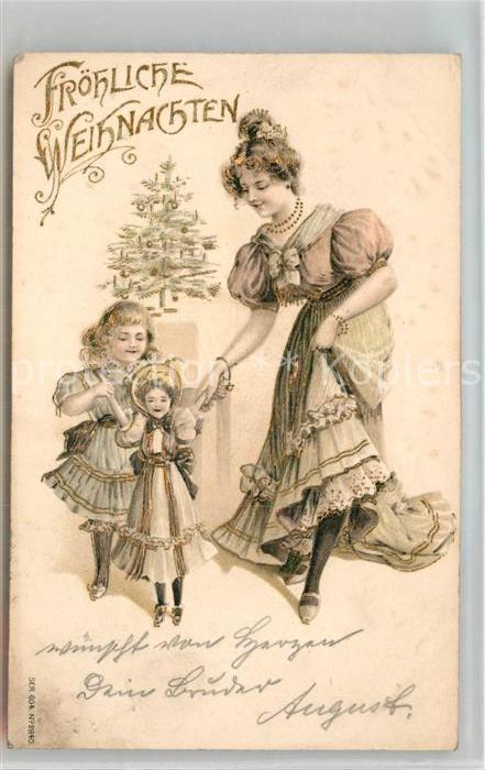 Weihnachten Kinder Mutter Weihnachtsbaum Litho