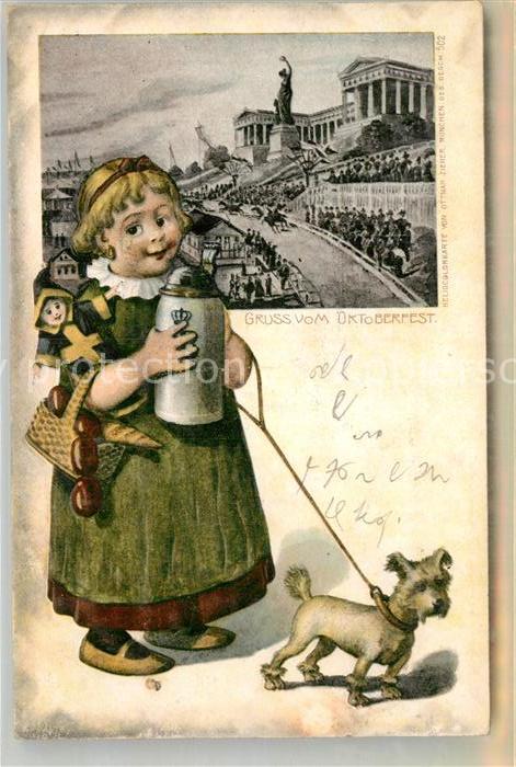 Oktoberfest Kind Puppe Münchner Kindl Hund Litho