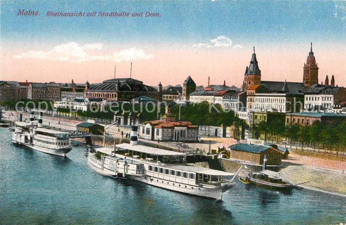 Dampfer Seitenrad Mainz Rheinansicht Stadthalle Dom