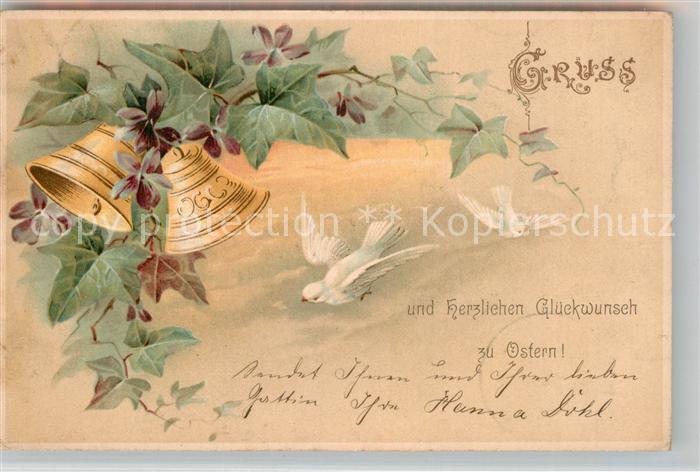 Ostern Easter Paques Kirchenglocken Tauben Litho