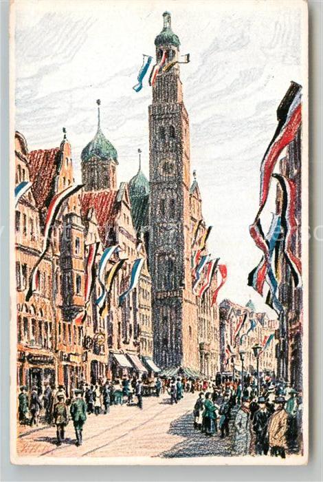 AUGSBURG  CITY Karolinenstrasse Perlachturm im Flaggesnschmuck