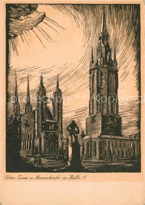 Halle Saale Roter Turm mit Marienkirche Zeichnung