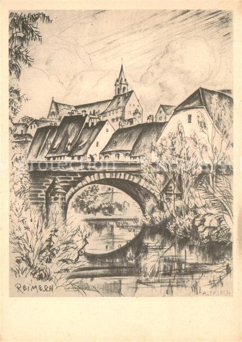Altkirch Elsass Partie an der roten Bruecke Zeichnung