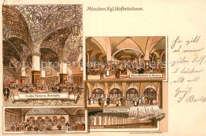 Muenchen Bayern Koenigliches Hofbraeuhaus Bierhallen Masskruege am Schanktisch