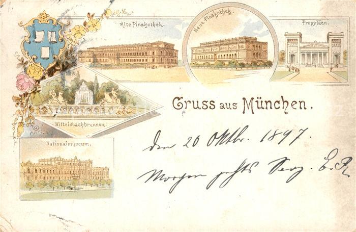 Muenchen Bayern Pinakothek Wittelsbachbrunnen Nationalmuseum Propylaeen