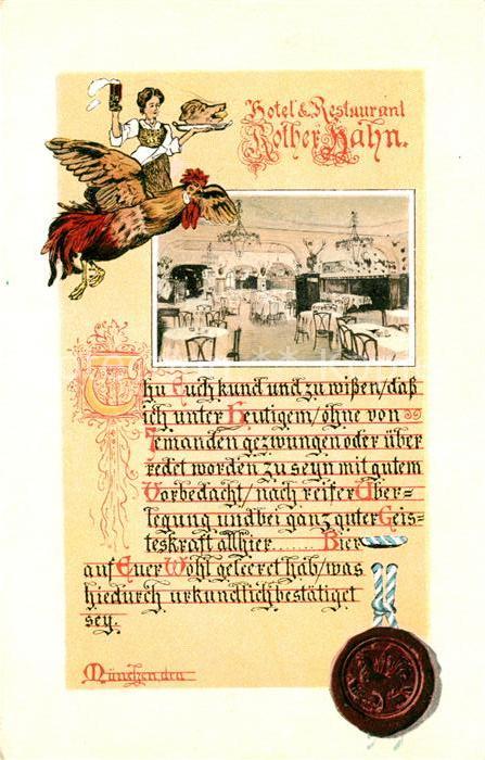 Muenchen Bayern Hotel Restaurant Roter Hahn Festsaal Urkunde Besuch