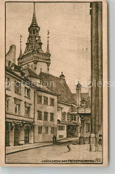 Muenchen Bayern Am Petersbergl Kirchturm Kuenstlerkarte
