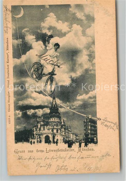 Muenchen Bayern Loewenbraeu Keller Radfahrerin aus dem Himmel