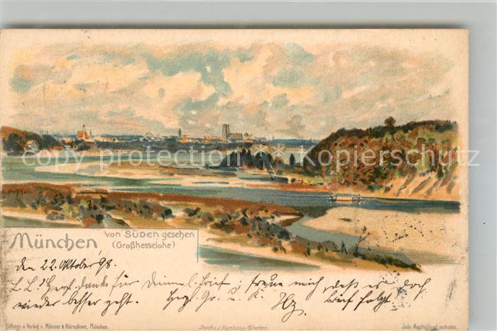 Muenchen Bayern Panorama von Grosshesselohe Kuenstlerkarte