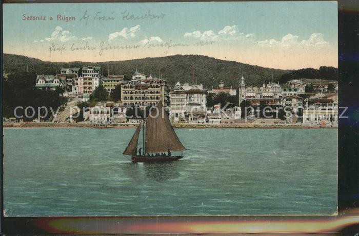 Sassnitz Ostseebad Ruegen Ansicht von Seeseite aus Segelboot