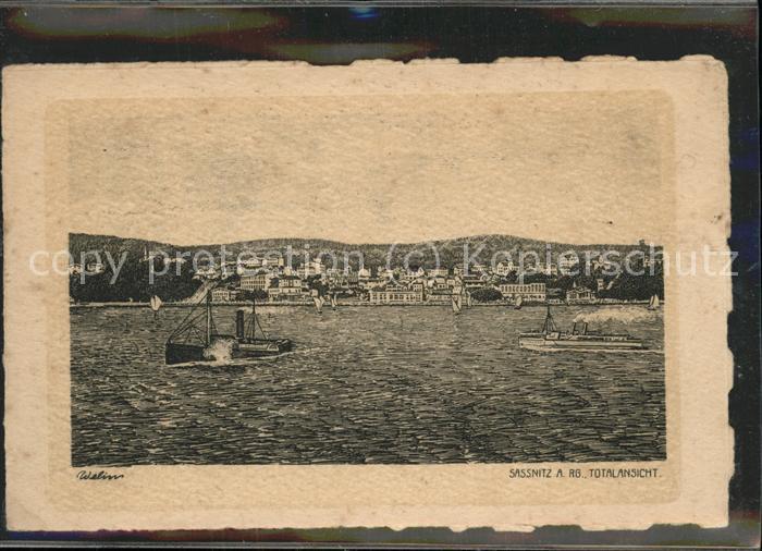 Sassnitz Ostseebad Ruegen Totalansicht Dampfer Künstlerkarte Wali
