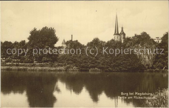 Burg Magdeburg Partie am Flickschuteich Kirchturm Trin