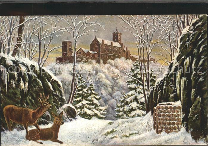 Eisenach Thueringen Wartburg Rehe im Schnee
