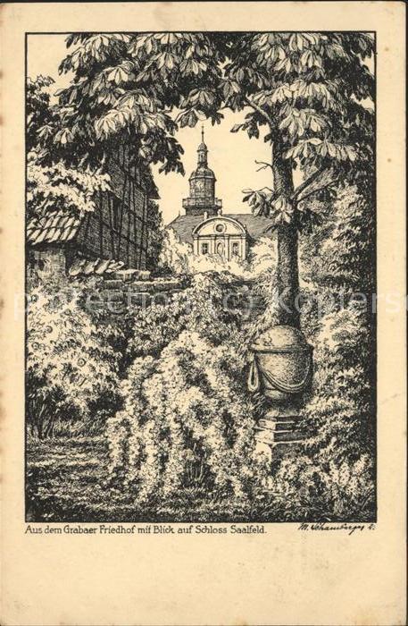 Saalfeld Saale Grabaer Friedhof mit Blick auf Schloss