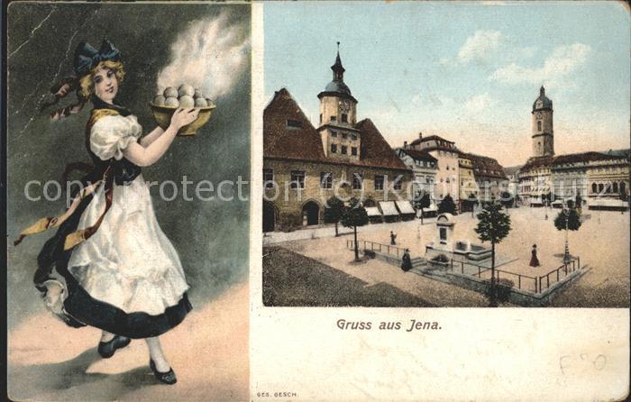 JENA  Thueringen Marktplatz und Maedchen mit Knoedeln Kuenstlerkarte