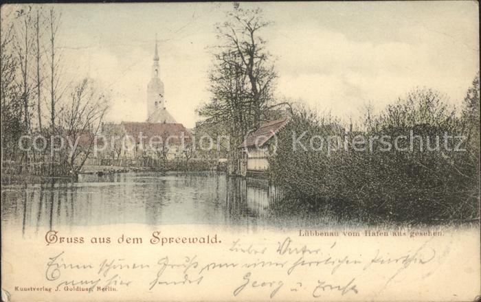 Luebbenau Spreewald Blick vom Hafen Wasserstrasse Kirche