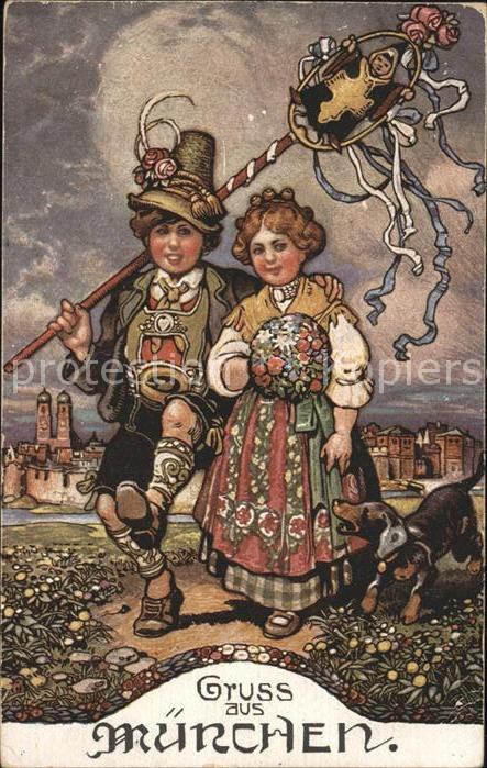 Muenchen Bayern Zeichnung Paar in Tracht Kuenstlerkarte