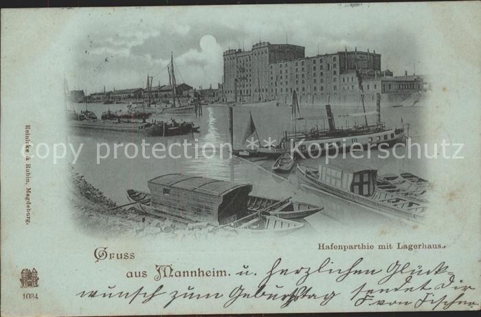 MANNHEIM BW Hafenpartie mit Lagerhaus Dampfer im Mondschein