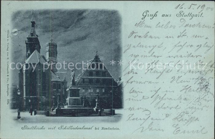 STUTTGART  CITY Stadtkirche mit Schillerdenkmal bei Mondschein
