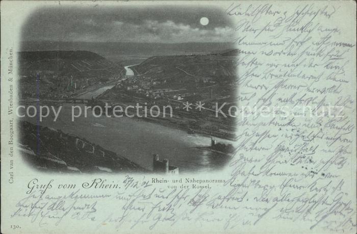 Bingen Rhein Rhein und Nahepanorama von der Rossel im Mondschein