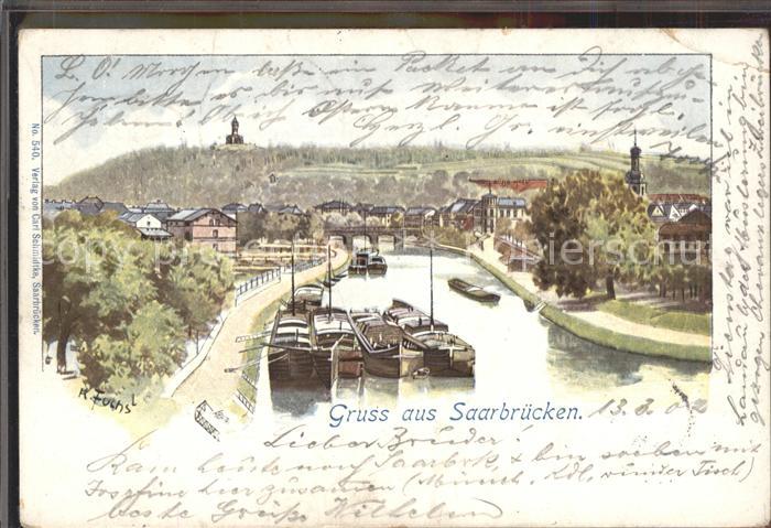 SAARBRueCKEN Saarland Frachtkahn Bruecke Kuenstlerkarte K. Fuchs
