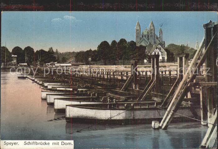 Speyer Rhein Schiffbruecke mit Dom Lazarett Stempel