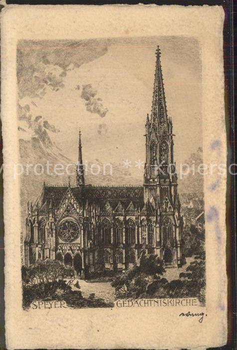 Speyer Rhein Gedaechtniskirche Radierung Kuenstlerkarte