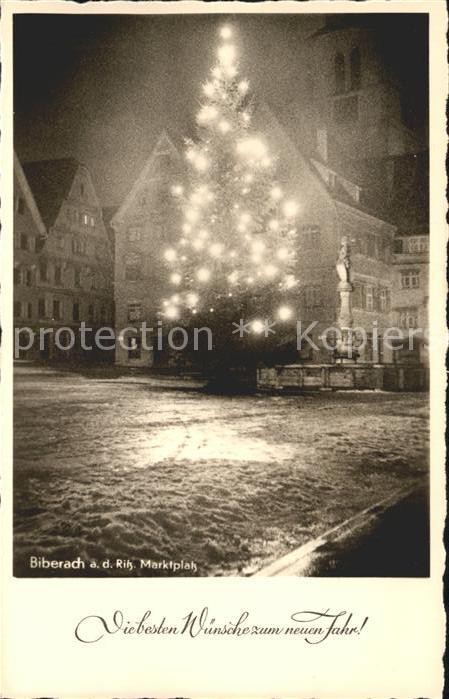 Biberach Riss Marktplatz Brunne Weihnachtskarte Tannenbaum beleuchtet