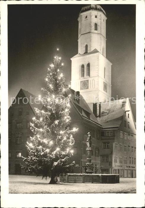 Biberach Riss Marktplatz bei Nacht Weihnachtskarte Tannenbaum beleuchtet