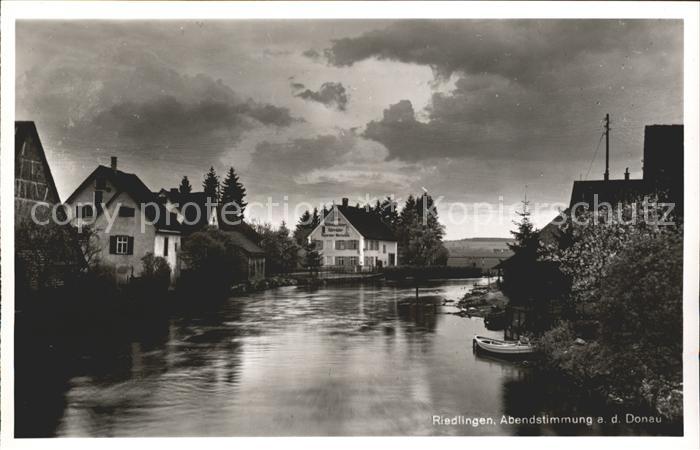 Riedlingen Donau Abendstimmung Boot Naehmaschinen Fahrraeder Reparatur J. Brey