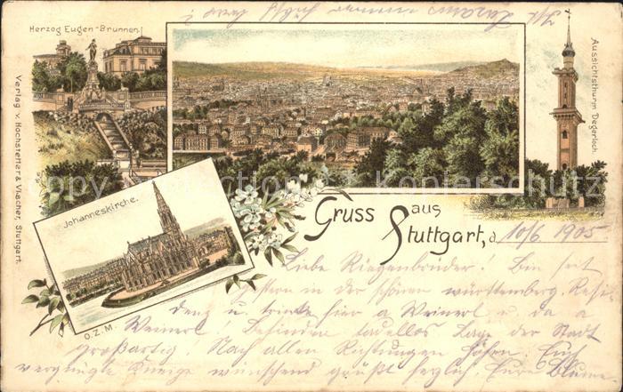 STUTTGART  CITY Johanneskirche Aussichtsturm Degerloch Herzog Eugen Brunnen Lith