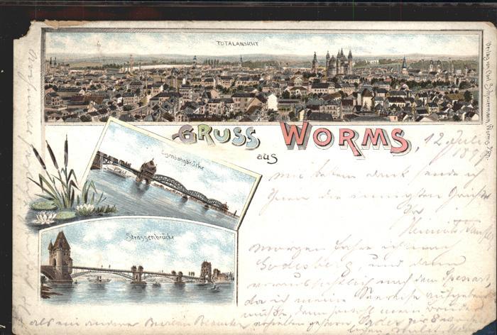 Worms Rhein Strassenbruecke Eisenbahnbruecke Litho