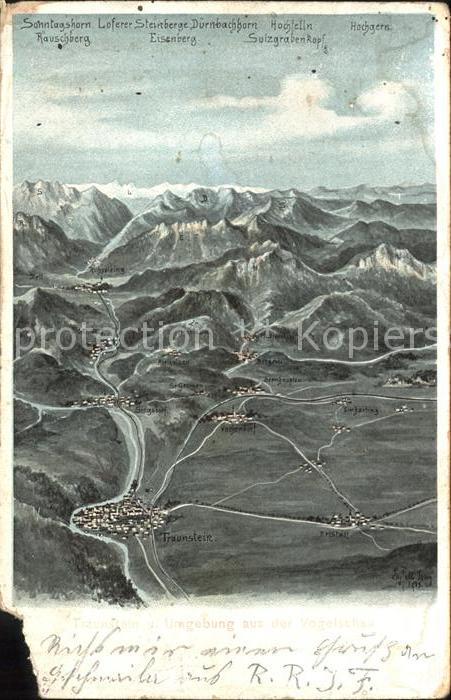 FELLE Eugen (1869-1934) Kuenstlerkarte Vogelschau Traunstein und Umgebung