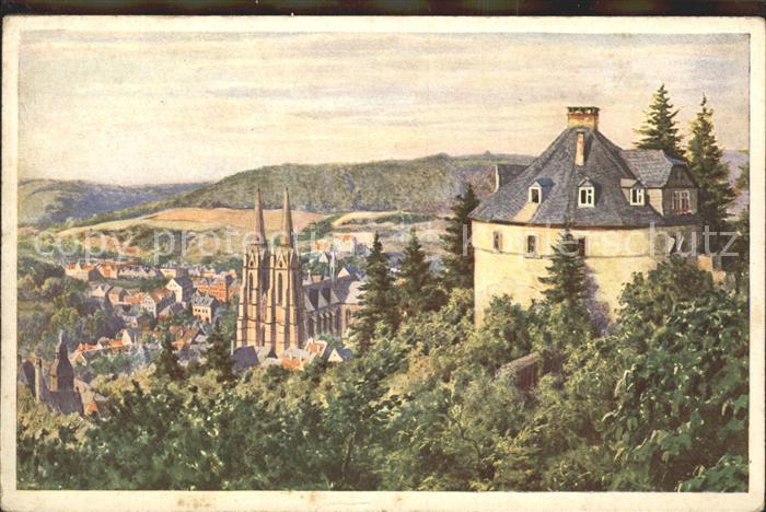 Marburg Lahn Blick von der Hexenkanzel Schloss Kuenstlerkarte
